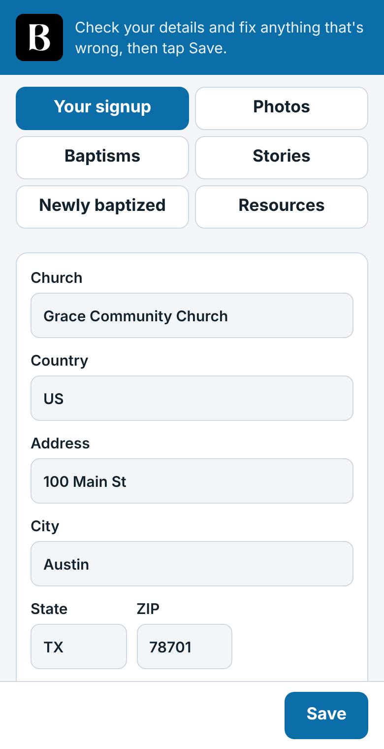 A church's page: tabs for Your signup, Photos, Baptisms, Stories, Newly baptized and Resources, above the church's details.