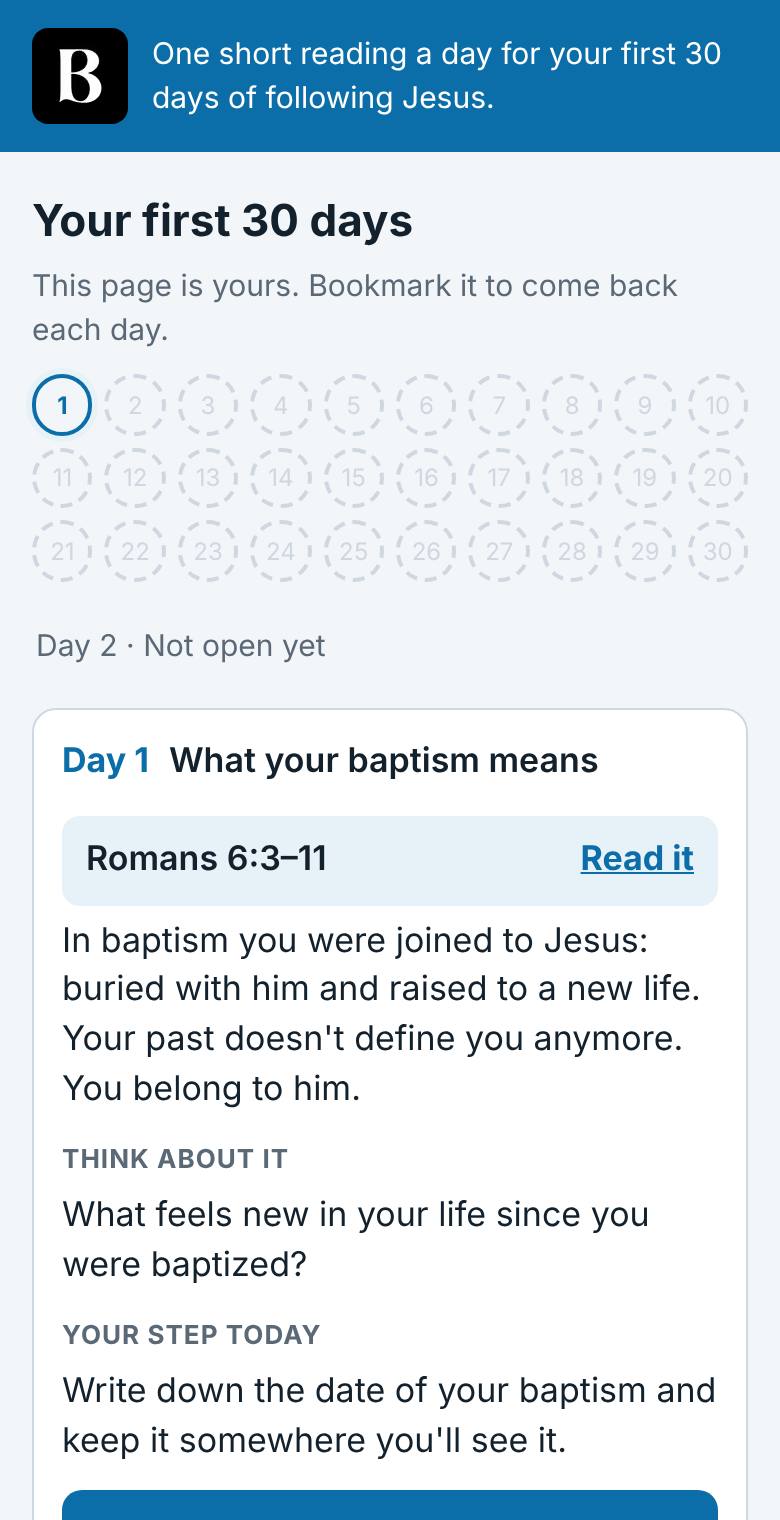 Day 1 of the first 30 days: 30 numbered circles, then the day's reading with Read it, a note, a question to think about and today's step.