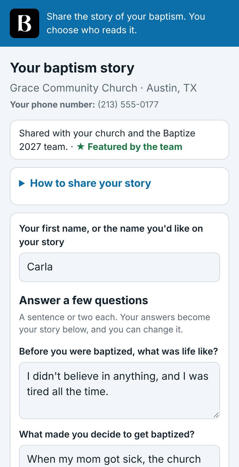 A saved story page: the church, the phone, who can read it and Featured by the team, then the name and the questions, filled in.
