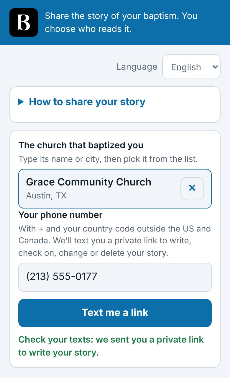 The story start page: pick the church that baptized you, enter your phone, and get a private link by text.