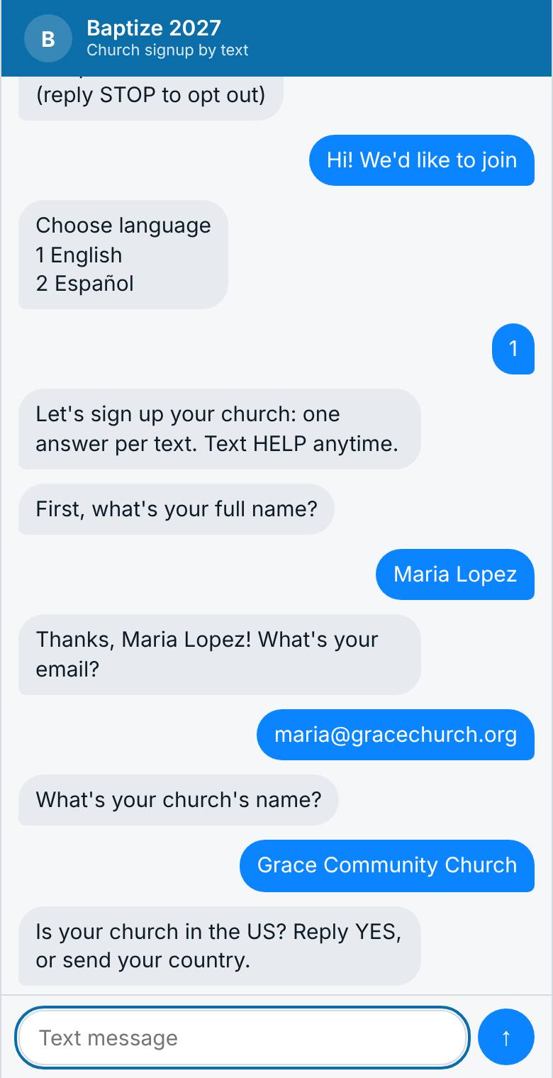 A text conversation: the church picks a language, then answers its name, email and church name, one text at a time.